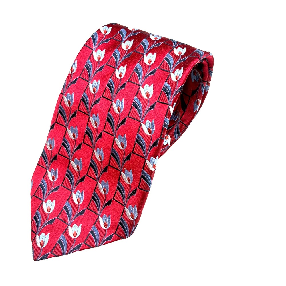 Ermenegildo Zegna Silk Tie Floral Red Tulip Print Designer Classic Luxury Logo